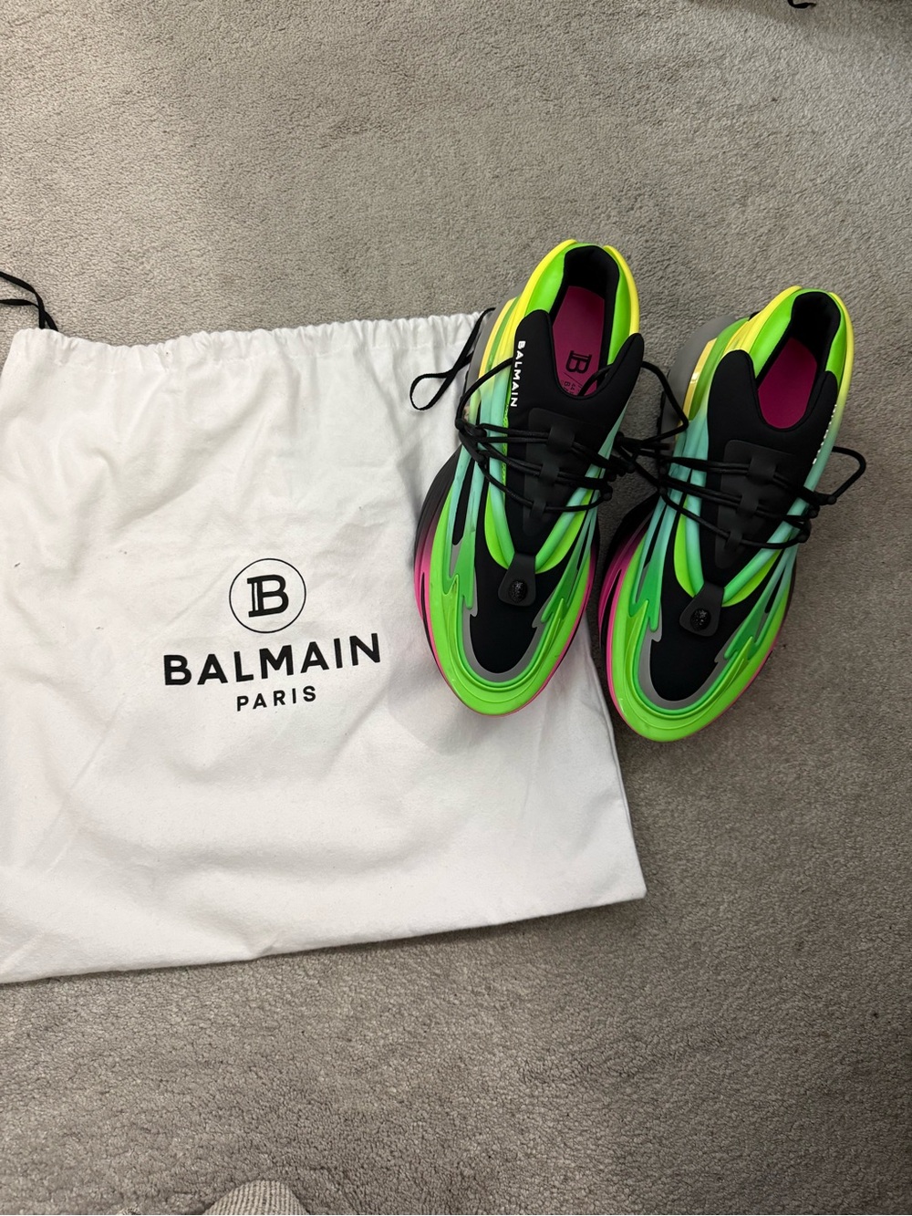 Mens Balmain Neon Green, Pink & Black Athletic Sneakers
